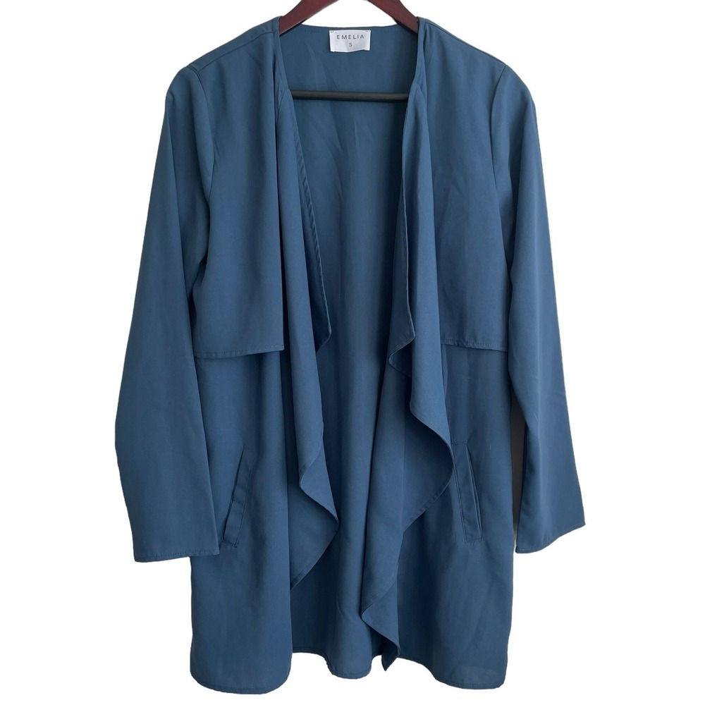 Emelia Women Minimalist Chic Duster Jacket S Blue Layering Waterfall‎ Open Front